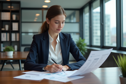 Femme d'affaires en bureau moderne avec documents financiers