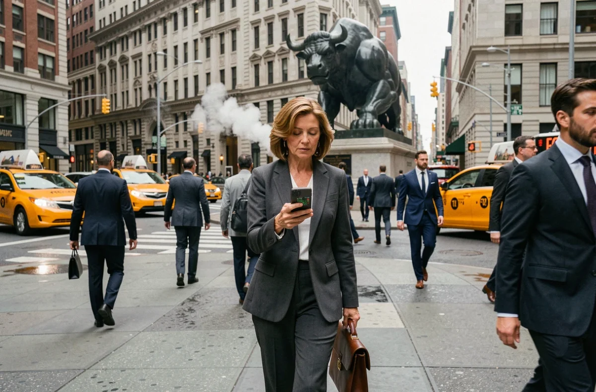 Femme d'affaires consultant une application boursière devant la Bourse de New York à Wall Street