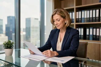 Femme cadre analysant des documents financiers liés à une SCPI de santé dans un bureau moderne