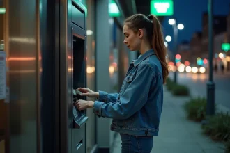 Jeune femme utilisant un distributeur en ville la nuit