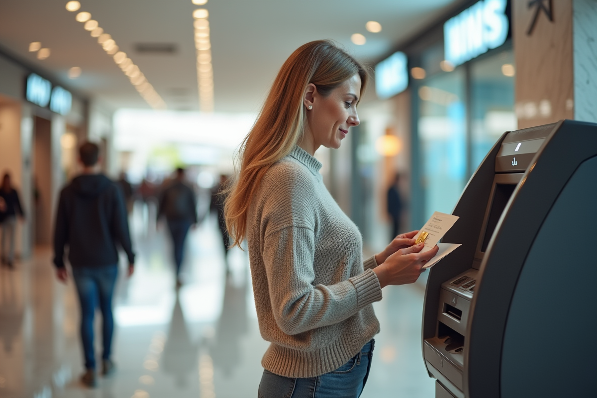 Femme vérifiant son compte à un distributeur dans un centre commercial