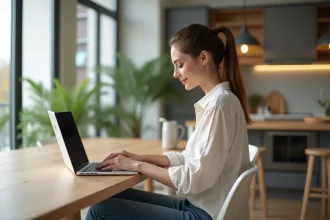 Femme utilisant son ordinateur pour gérer ses finances à la maison