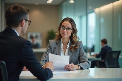 Femme d'âge moyen en banque examinant un document financier