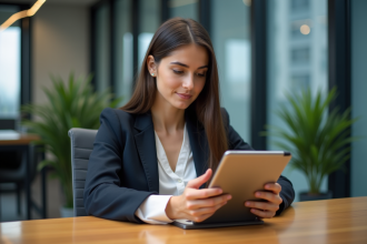 Femme d'affaires utilisant son smartphone dans une banque moderne
