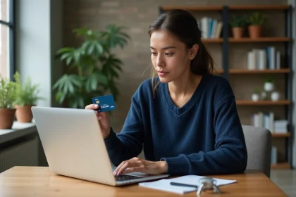 Femme utilisant une carte Bimpli CADO &agrave; la maison
