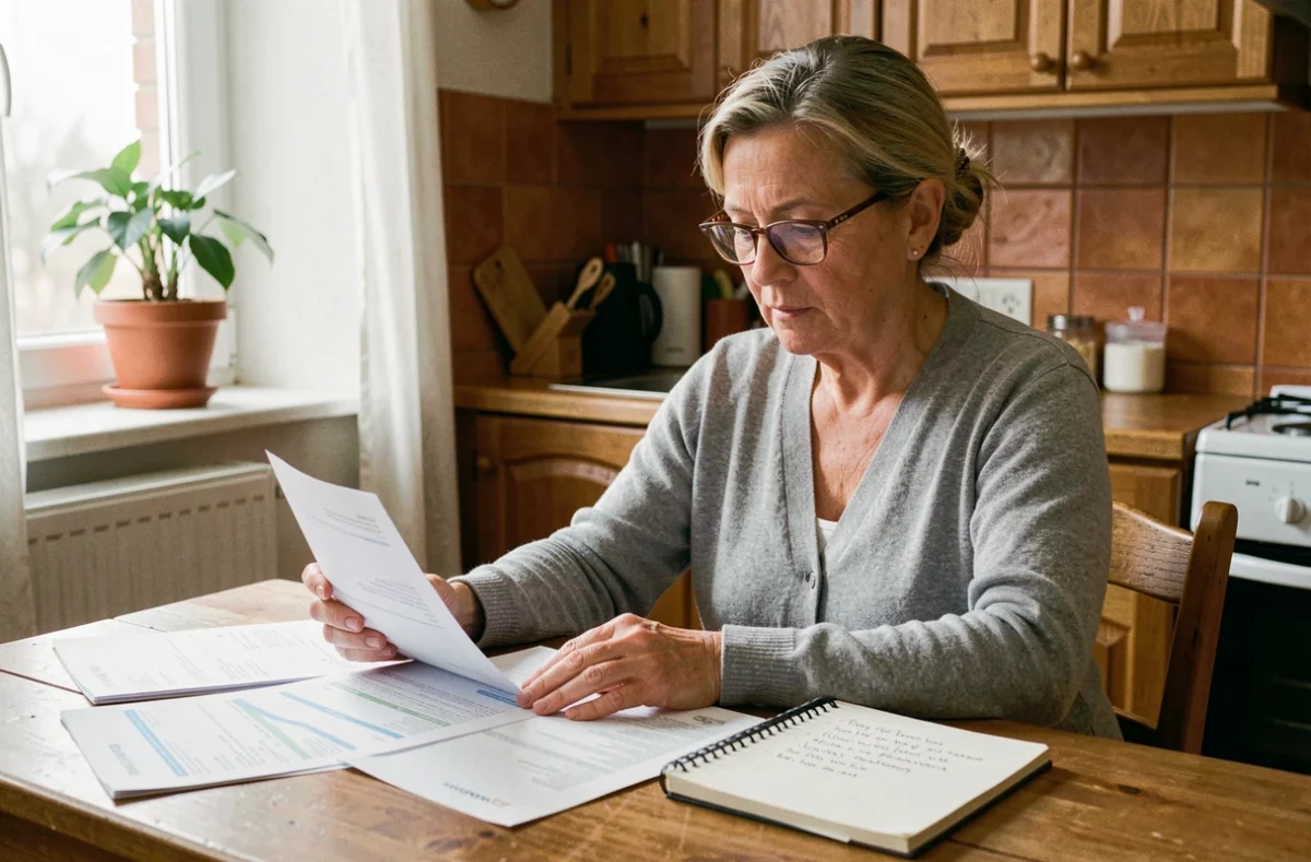 Femme planifiant son budget mensuel avec des relevés bancaires et un carnet de notes à la cuisine, illustration du lissage des revenus pour la pension d'invalidité 2026
