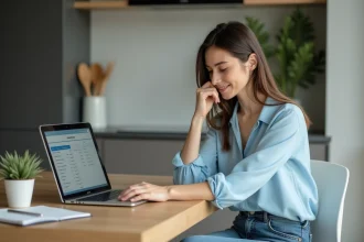 Femme d'une trentaine utilisant un ordinateur portable en cuisine