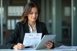 Femme en tenue professionnelle examine documents financiers