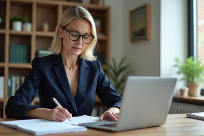 Femme en blazer navy travaillant sur une lettre dans un bureau moderne