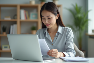 Femme au bureau organisé et concentrée sur son ordinateur