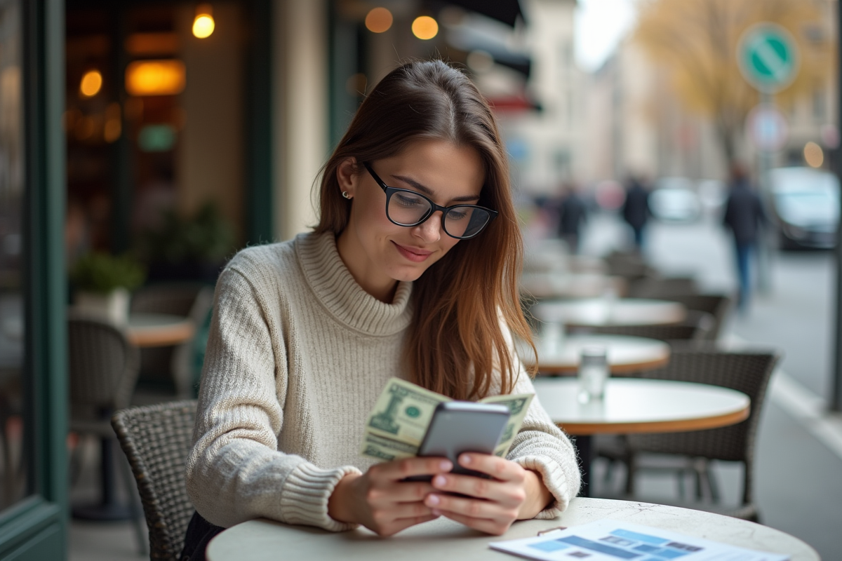 Femme étudie des graphiques financiers au café