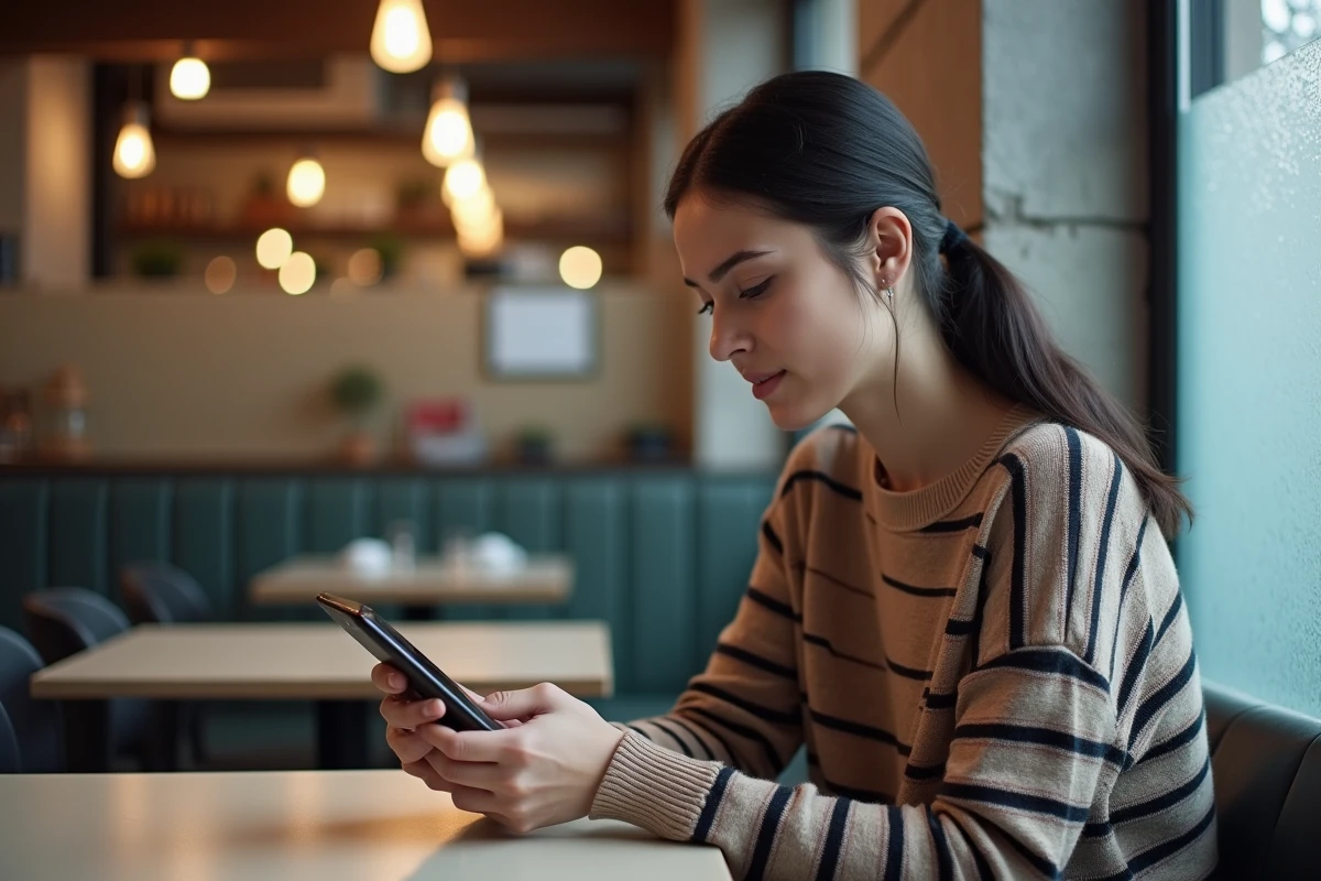 Jeune femme au café utilisant son smartphone en toute sécurité