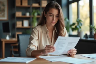 Femme consultant des fiches de paie et documents salariaux dans un bureau moderne, illustrant le calcul du salaire brut en net en 2026