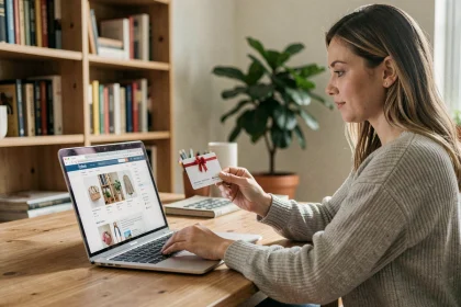 Femme utilisant une carte cadeau Bimpli pour effectuer un achat en ligne sur son ordinateur portable