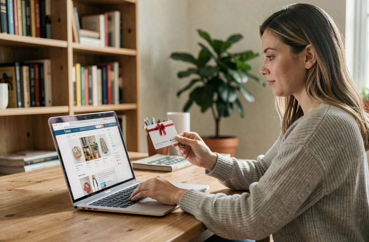 Femme utilisant une carte cadeau Bimpli pour effectuer un achat en ligne sur son ordinateur portable