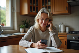 Femme française au téléphone dans sa cuisine chaleureuse