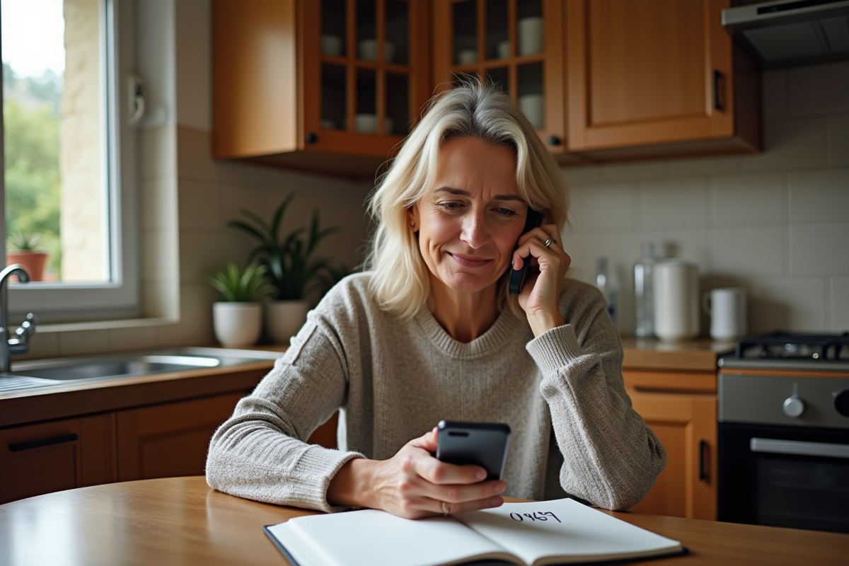 Femme française au téléphone dans sa cuisine chaleureuse