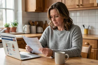 Femme consultant des documents de mutuelle santé à la maison pour comparer les prix selon sa situation