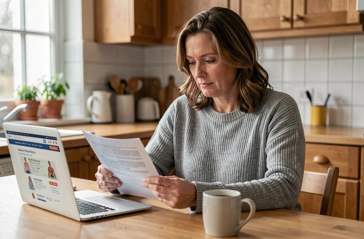 Femme consultant des documents de mutuelle santé à la maison pour comparer les prix selon sa situation