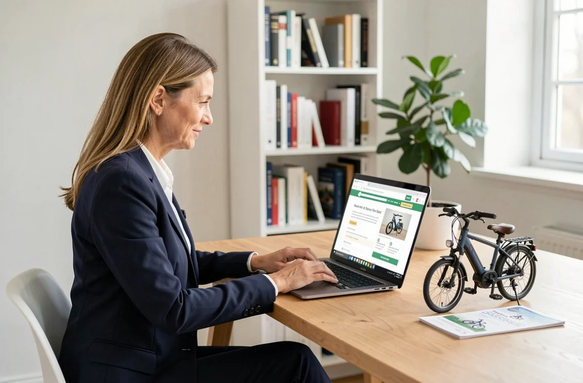 Femme comparant des offres d'assurance vélo électrique sur un ordinateur portable