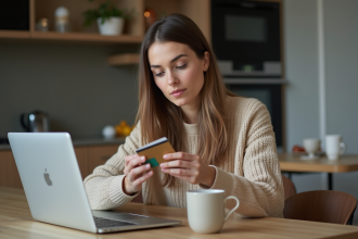 Femme comparant deux cartes de credit dans sa cuisine