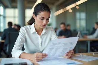 Femme comptable analysant des factures HT et TTC sur un bureau de bureau moderne