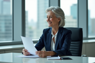 Femme confiante en tailleur navy dans un bureau moderne
