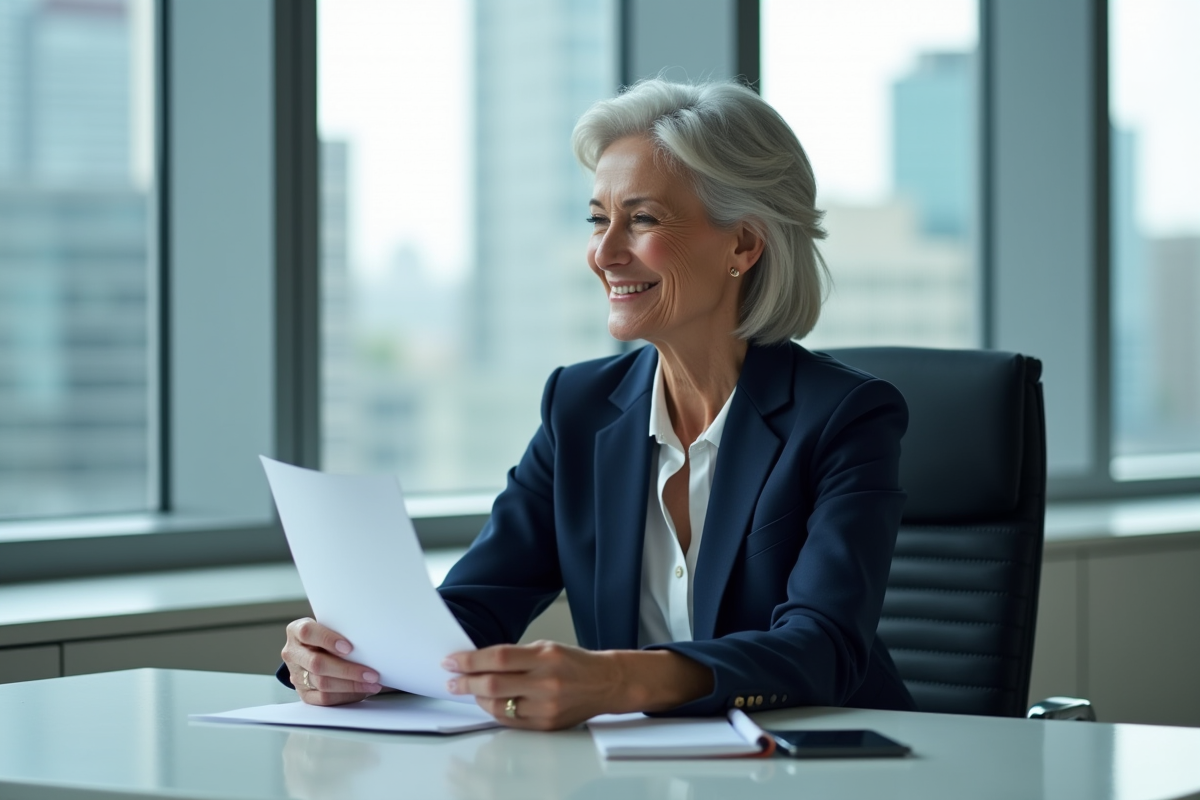 Femme confiante en tailleur navy dans un bureau moderne