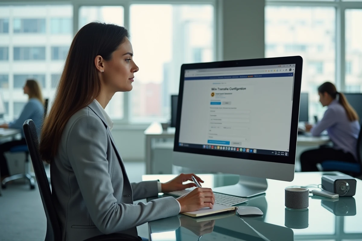 Femme professionnelle configurant un virement bancaire en ligne dans un bureau d'entreprise