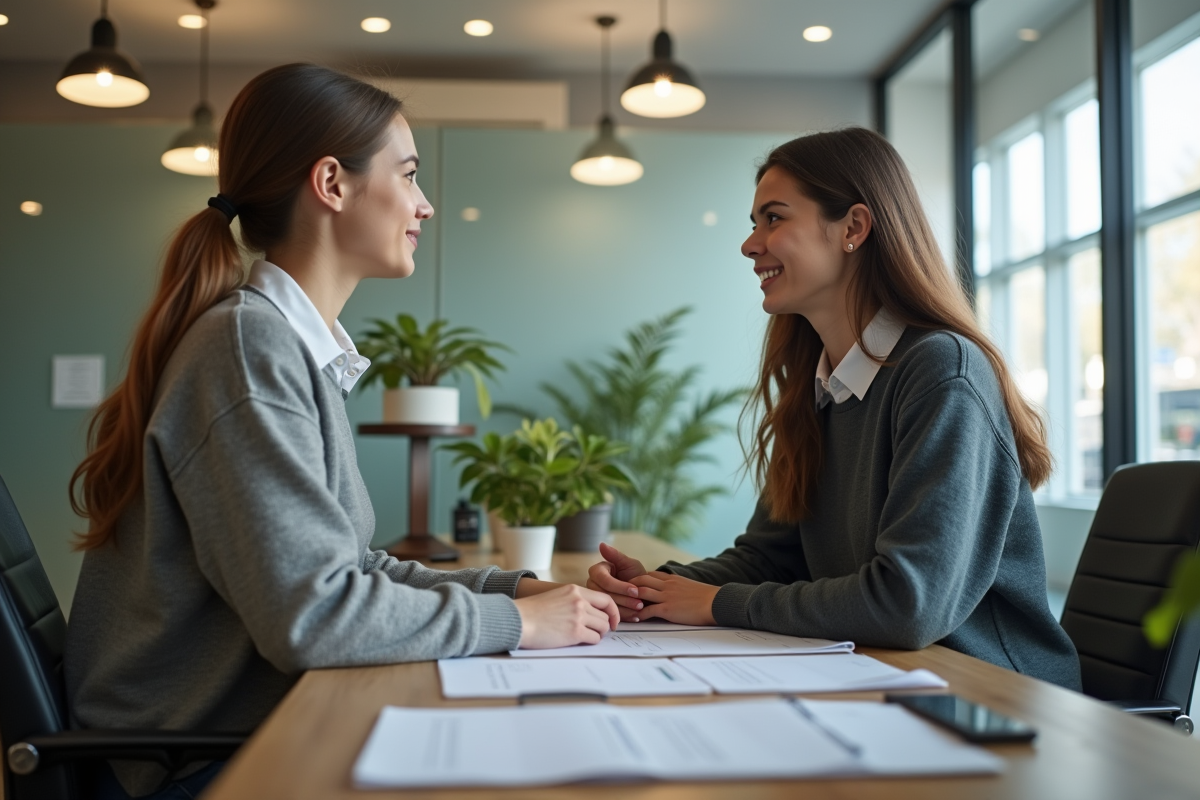 Femme discutant avec conseiller bancaire dans agence