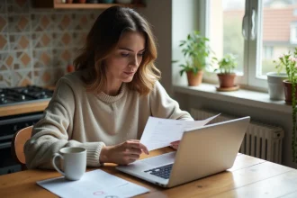 Femme assise à une table de cuisine avec ordinateur et documents