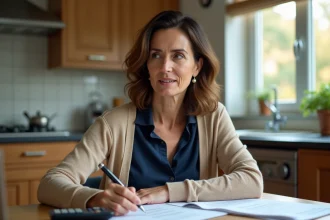 Femme d'âge moyen dans une cuisine avec papiers et calculatrice