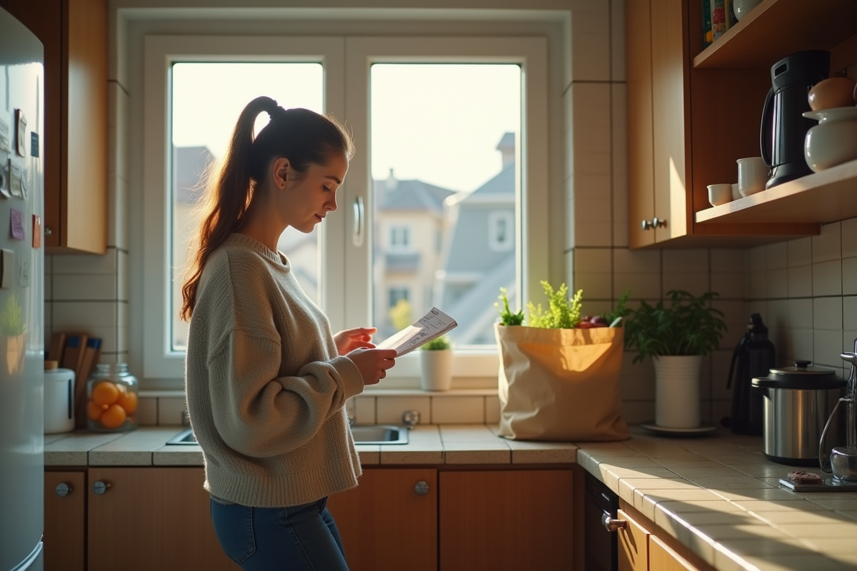 Femme dans la cuisine vérifiant une facture de courses