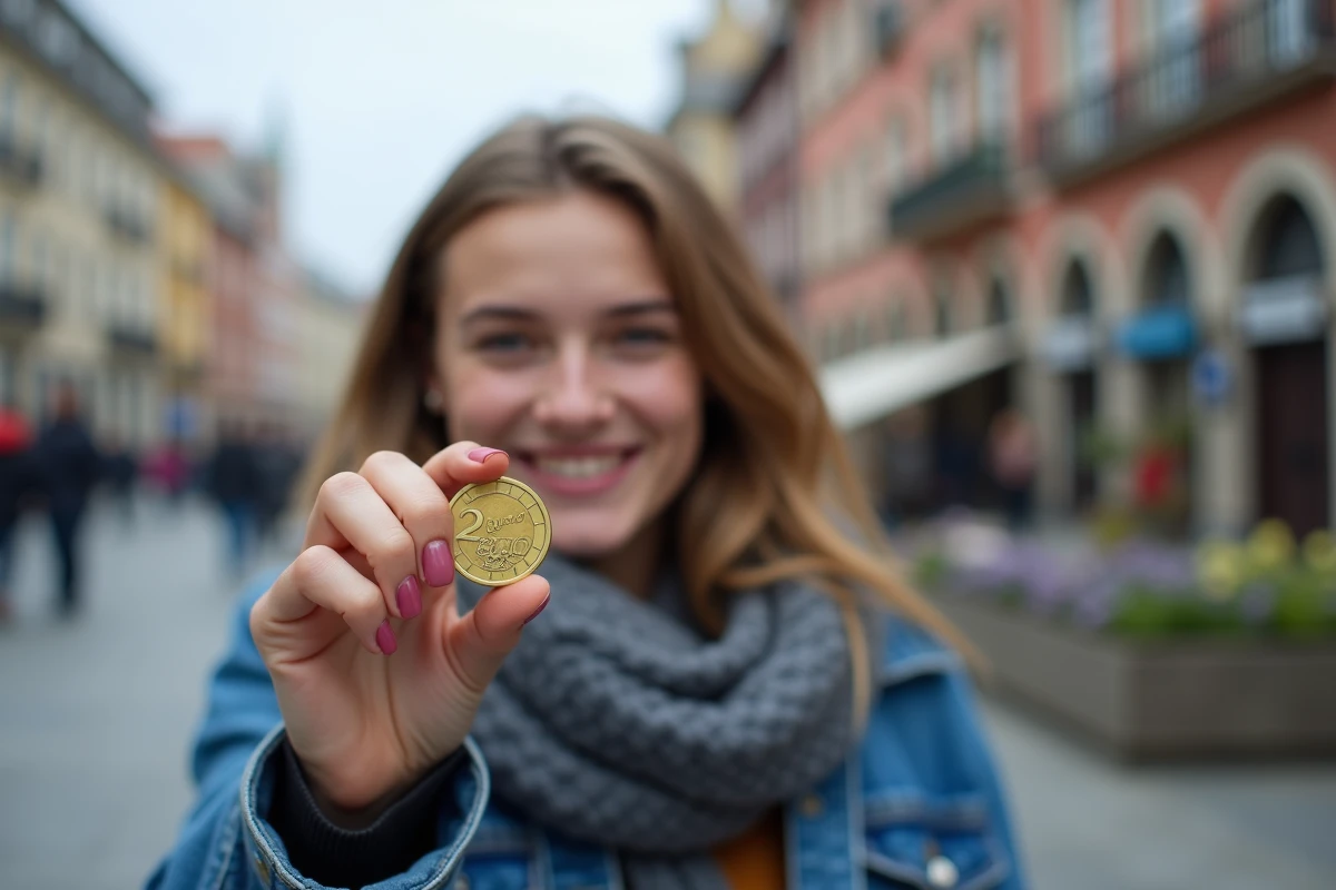 Jeune femme souriante tient une pi&egrave;ce de 2 euros olympique 2026
