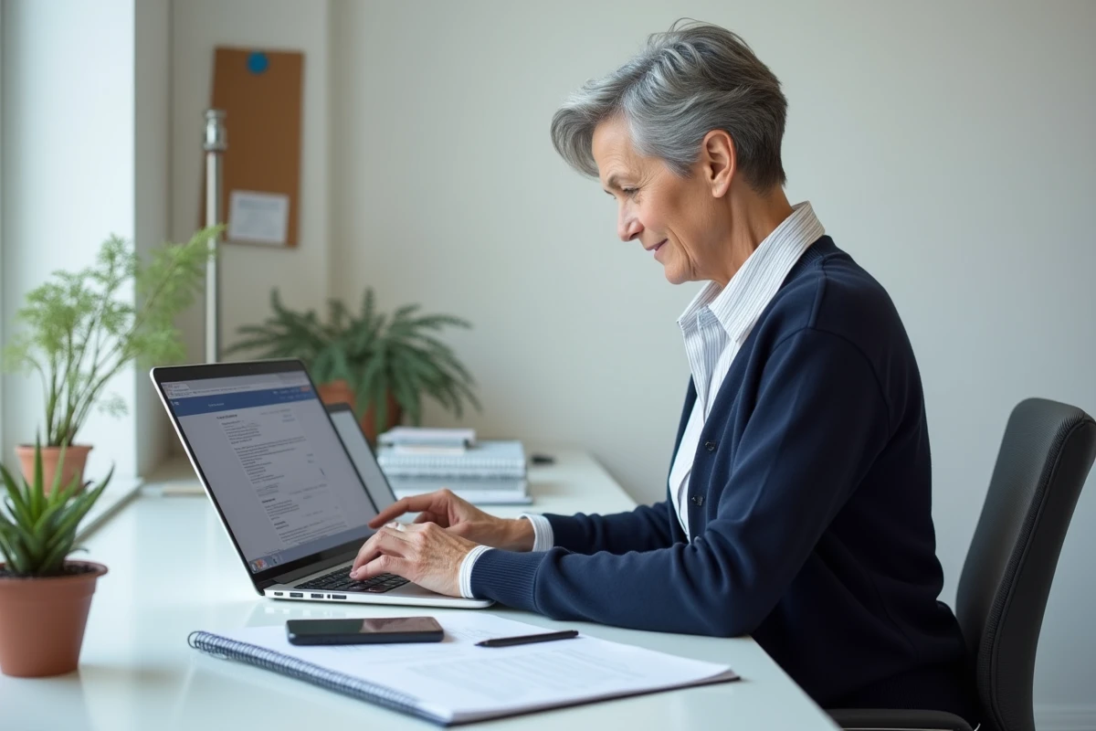 Femme consultant les démarches de plafonnement de taxe foncière 2026 sur un ordinateur portable à domicile