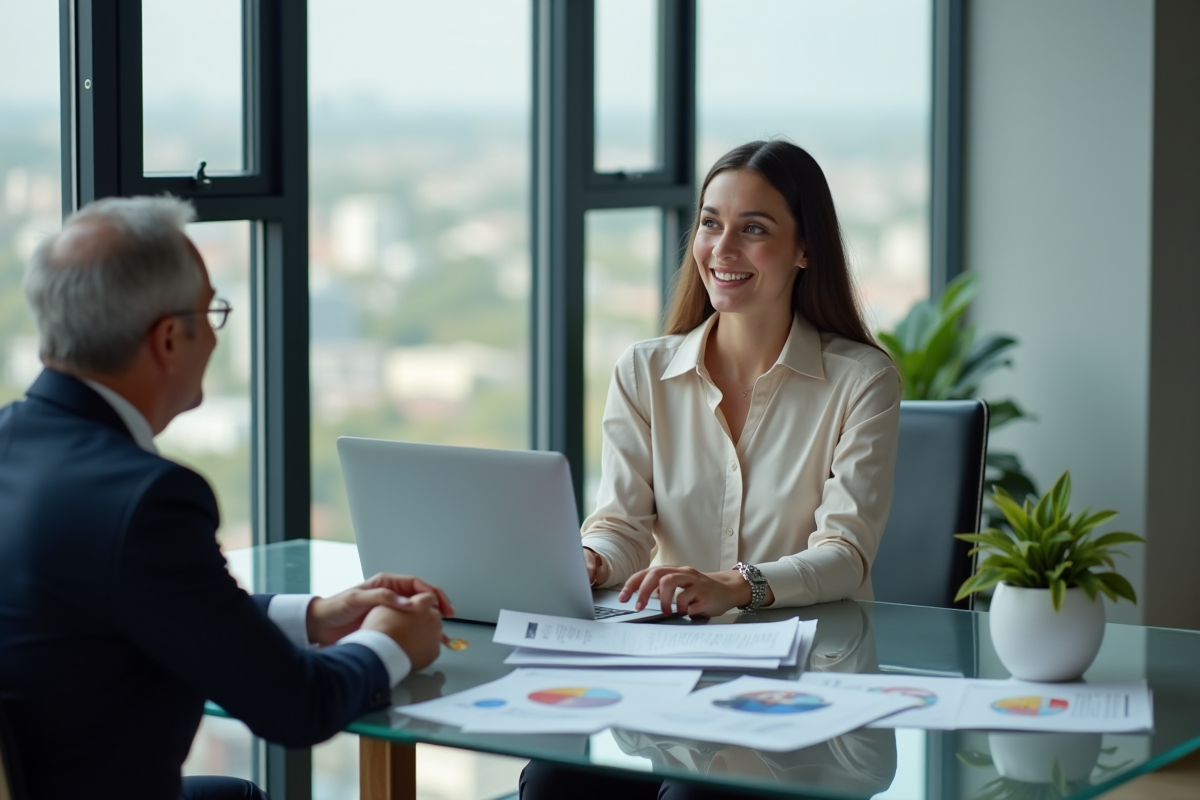 Jeune femme souriante discutant avec un banquier dans une banque