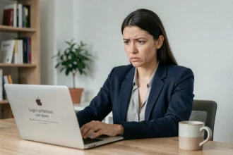 Femme frustrée devant un écran d'ordinateur affichant une erreur de connexion à son compte bancaire Caisse d'Epargne