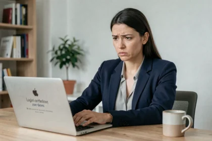Femme frustrée devant un écran d'ordinateur affichant une erreur de connexion à son compte bancaire Caisse d'Epargne