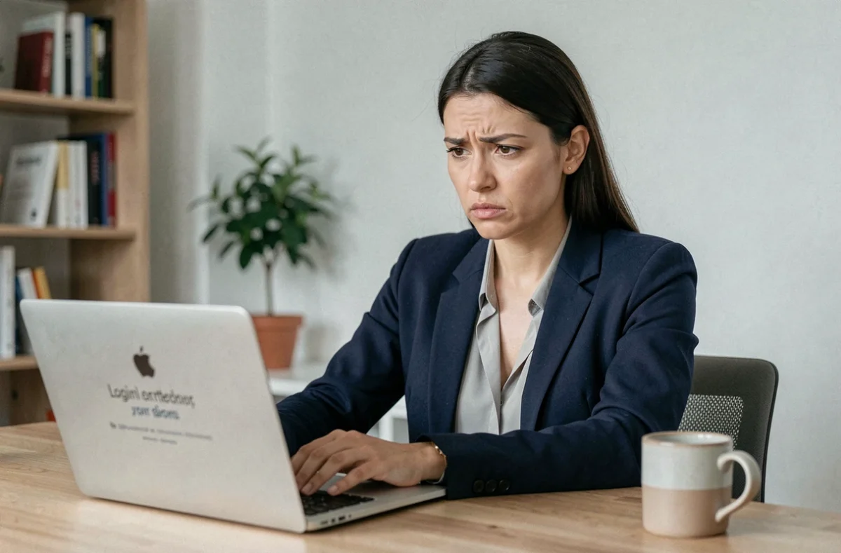 Femme frustrée devant un écran d'ordinateur affichant une erreur de connexion à son compte bancaire Caisse d'Epargne