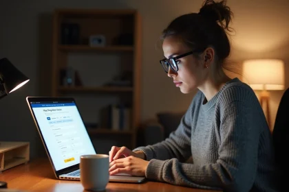 Femme consultant son compte PayPal sur un ordinateur portable avec une expression inquiète, illustrant les erreurs fréquentes de paiement en ligne