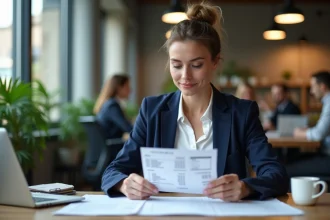 Femme consultant une fiche de paie à son bureau pour comprendre son salaire brut et net de 2400 euros