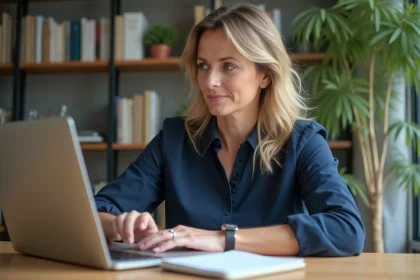 Femme consultant son compte bancaire en ligne sur un ordinateur portable pour éviter des frais de virement inutiles