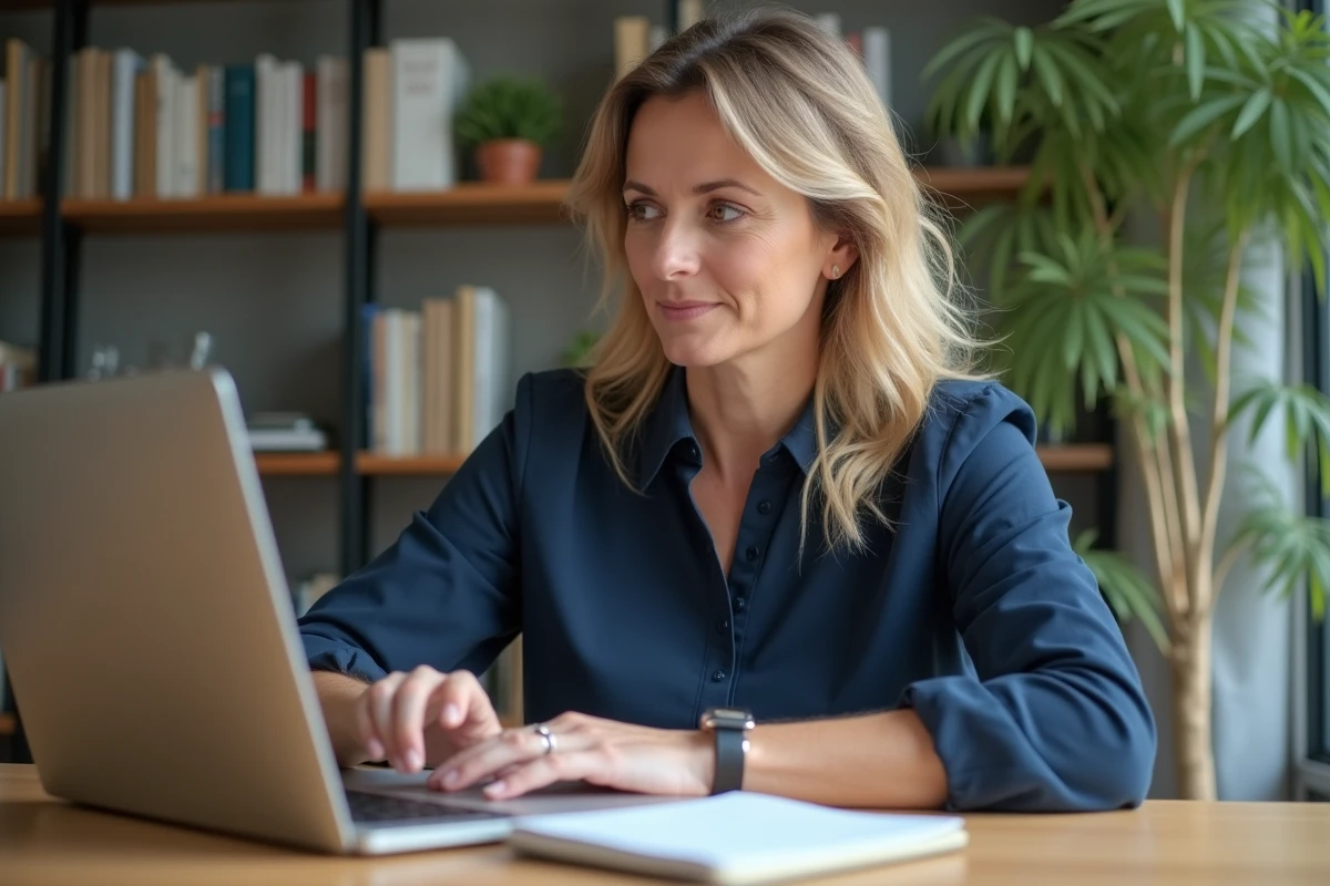 Femme consultant son compte bancaire en ligne sur un ordinateur portable pour éviter des frais de virement inutiles