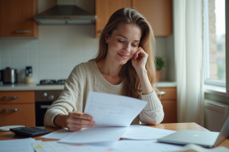 Jeune femme à la maison gère ses finances avec documents