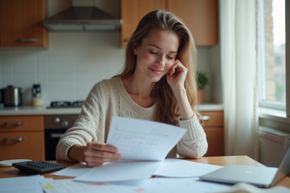 Jeune femme à la maison gère ses finances avec documents
