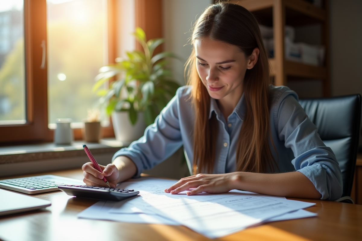 Jeune professionnelle remplissant ses impots à domicile