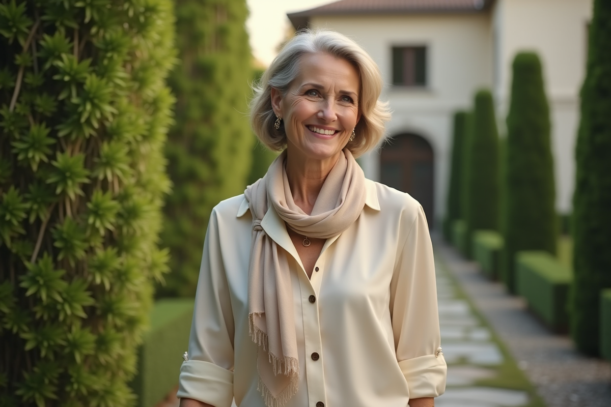 Femme élégante dans un jardin privé avec végétation