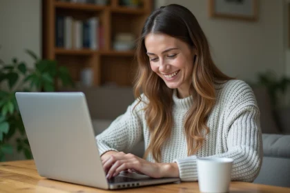 Femme souriante utilisant un ordinateur portable à la maison