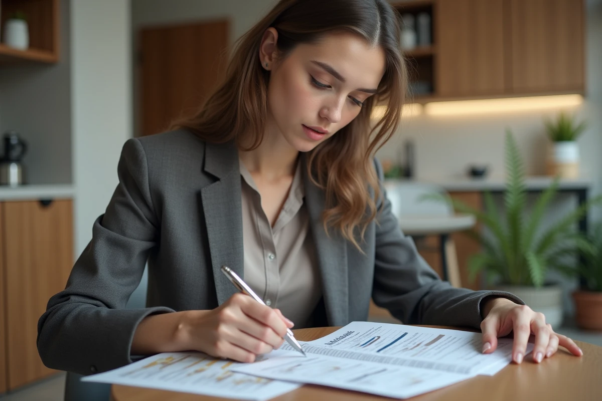 Jeune femme &eacute;tudiant un rapport SCPI dans son appartement