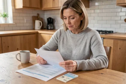 Femme consultant son livret A et ses relevés bancaires à la table de cuisine, réfléchissant à sa stratégie d'épargne personnelle